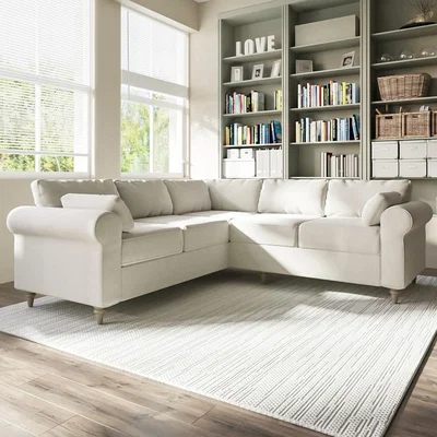 Furniture123 High Back 4 Seater Corner Sofa in Beige Woven Fabric - Aoife