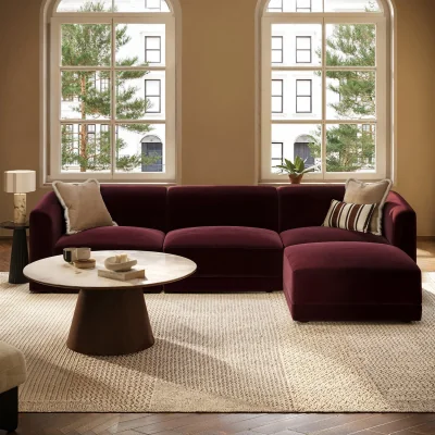 Furniture123 Large Burgundy Velvet Curved Modular 4 Seater Chaise Corner Sofa - Laine