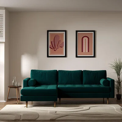La Redoute Coco Mid-Century Velvet Chaise - Left facing with Walnut Legs