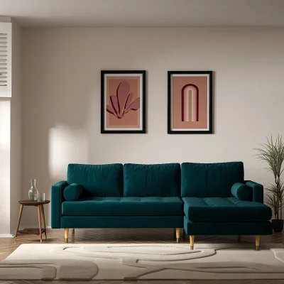 La Redoute Coco Mid-Century Velvet Corner Chaise Sofa with Light Wood Legs (Right Facing)