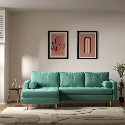 La Redoute Coco Mid-Century Velvet Corner Chaise Sofa with Light Wood Legs (Left Facing)