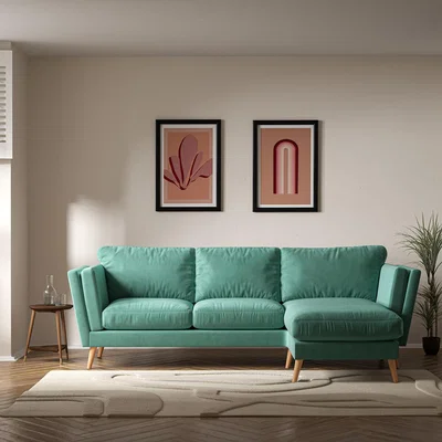 La Redoute Frida Contemporary Velvet Corner Chaise Sofa - Right Facing with Light Wood Legs