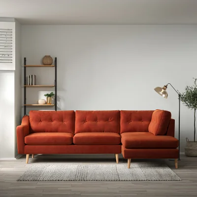 La Redoute Rosa Curve Buttoned Velvet Corner Chaise Sofa with Light Wood Legs (Right Facing)