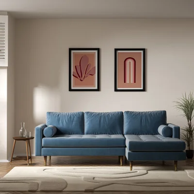 La Redoute Coco Mid-Century Velvet Corner Chaise Sofa with Dark Wood Legs (Right Facing)