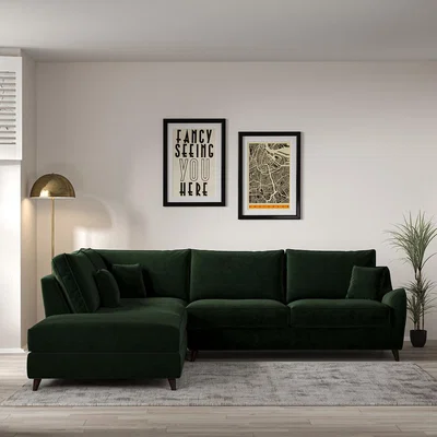 La Redoute Amelia Velvet Corner Sofa & Modular Footstool Set with Dark Wood Legs (Left Facing)