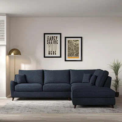 La Redoute Amelia Soft Brushed Corner Sofa & Modular Footstool Set with Dark Wood Legs (Right Facing)