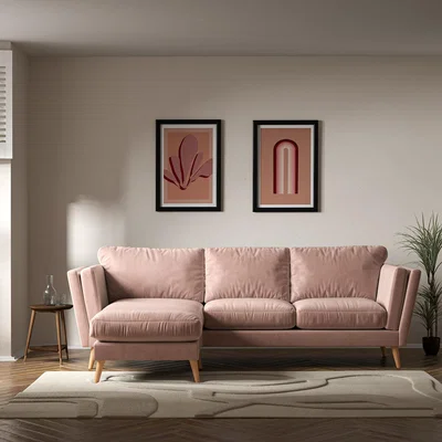 La Redoute Frida Contemporary Velvet Corner Chaise Feather Sofa - Left facing with Light Wood Legs