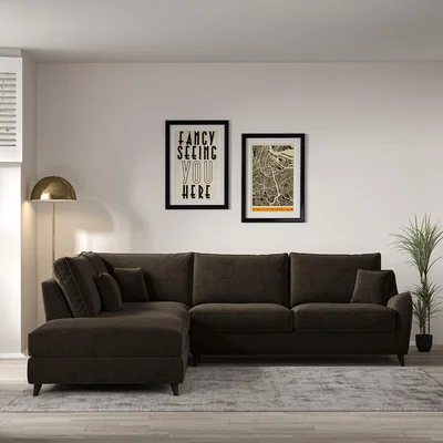 La Redoute Amelia Textured Velvet Corner Sofa & Modular Footstool Set with Dark Wood Legs (Left Facing)