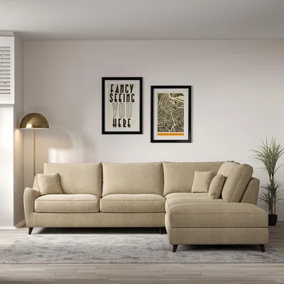 La Redoute Amelia Soft Brushed Corner Sofa & Modular Footstool Set with Dark Wood Legs (Right Facing)