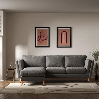 La Redoute Frida Contemporary Velvet Corner Chaise Feather Sofa - Left facing with Light Wood Legs