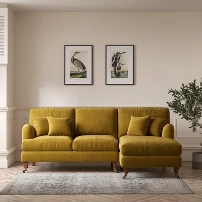 La Redoute Emeline Velvet Corner Chaise Sofa with Antique Castor Legs (Right Facing)
