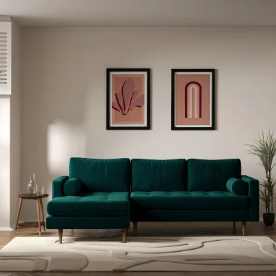 La Redoute Coco Mid-Century Velvet Corner Chaise Sofa with Dark Wood Legs (Left Facing)