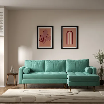 La Redoute Coco Mid-Century Velvet Corner Chaise Sofa with Dark Wood Legs (Right Facing)