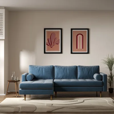 La Redoute Coco Mid-Century Velvet Corner Chaise Sofa with Dark Wood Legs (Left Facing)