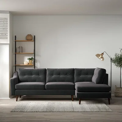 La Redoute Rosa Curve Buttoned Velvet Chaise - Right facing with Dark Wood Legs