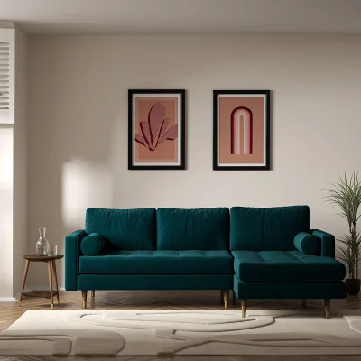 La Redoute Coco Mid-Century Velvet Corner Chaise Sofa with Dark Wood Legs (Right Facing)