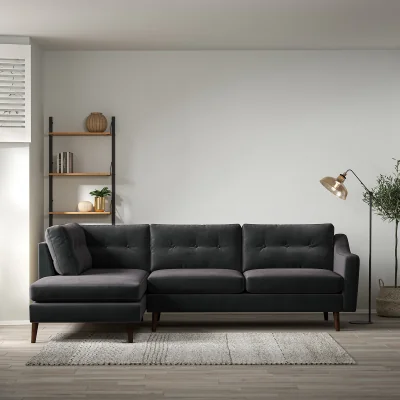 La Redoute Rosa Curve Buttoned Velvet Corner Chaise Sofa with Dark Wood Legs (Left Facing)