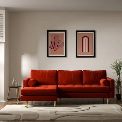 La Redoute Coco Mid-Century Velvet Corner Chaise Sofa with Light Wood Legs (Left Facing)