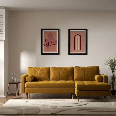 La Redoute Coco Mid-Century Velvet Corner Chaise Sofa with Dark Wood Legs (Right Facing)