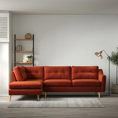 La Redoute Rosa Curve Buttoned Velvet Corner Chaise Sofa with Light Wood Legs (Left Facing)