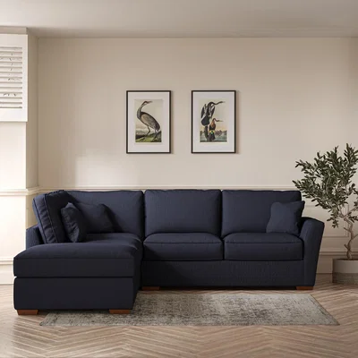 La Redoute Florence Textured Woven Corner Sofa & Modular Footstool Set with Dark Brown Wood Legs (Left Facing)
