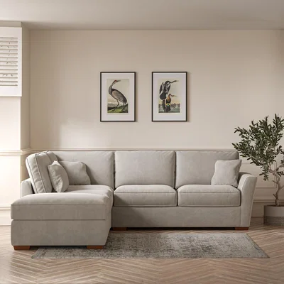 La Redoute Florence Soft Brushed Corner Sofa & Modular Footstool Set with Dark Brown Wood Legs (Left Facing)