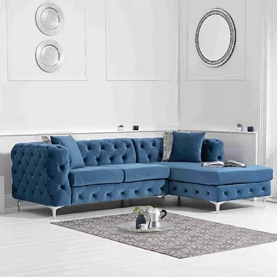 Oak&More Barker Right Facing Blue Velvet 3 Seater Corner Sofa