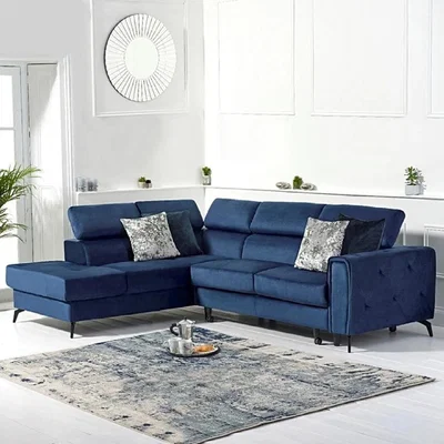 Oak&More Avery Blue Velvet Left Hand Facing Corner Sofa Bed