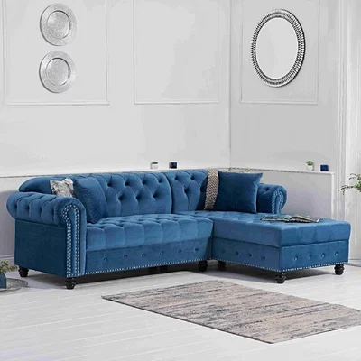 Oak&More Blake Right Facing Blue Velvet 3 Seater Chaise Corner Sofa