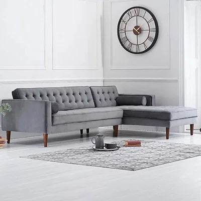 Oak&More Indus Grey Velvet Right Facing 3 Seater Corner Chaise Sofa