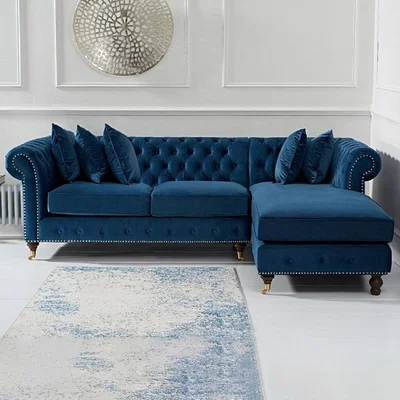 Oak&More Flora Medium Blue Velvet Right Facing Corner Chaise Sofa