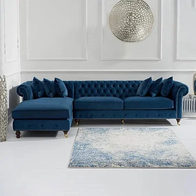 Oak&More Flora Blue Velvet Left Facing Chesterfield Corner Chaise Sofa