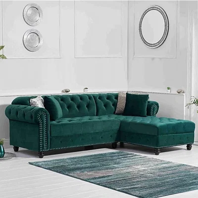 Oak&More Blake Right Facing Green Velvet 3 Seater Chaise Corner Sofa