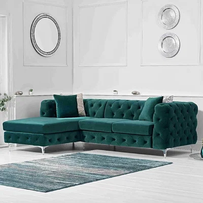Oak&More Barker Left Facing Green Velvet 3 Seater Corner Sofa