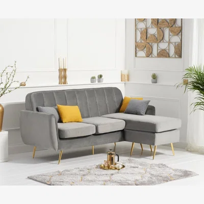 Oak&More Ex-display Brema Grey Velvet 3 Seater Chaise Corner Sofa with Gold Legs