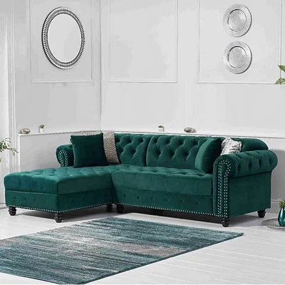 Oak&More Blake Left Facing Green Velvet 3 Seater Chaise Corner Sofa