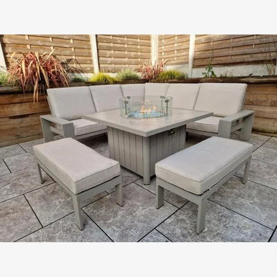 Downtown Signature Weave Venus Corner Sofa With 2 Benches and Gas Fire Pit Table