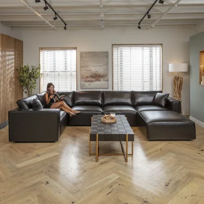 Quatropi Modern Black Leather Corner Sofa 5 Seater Modular Settee 374x208cm