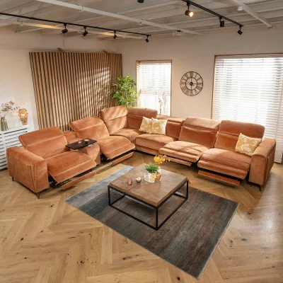Quatropi Modern 6 Seater Recliner L-Shape Corner Sofa & Storage Console Orange 391x342cm