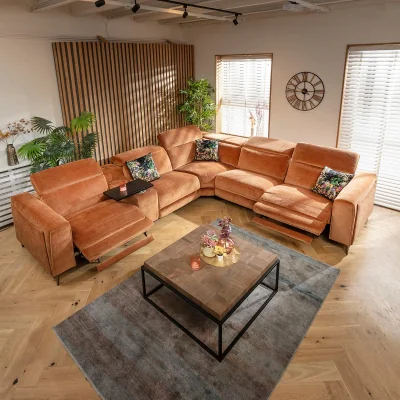 Quatropi Large 5 Seater Recliner L-Shape Corner Sofa & Storage Console Orange 342x309cm