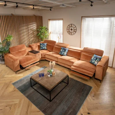 Quatropi Modern 5 Seater Recliner L-Shape Corner Sofa & Storage Console Orange 391x260cm