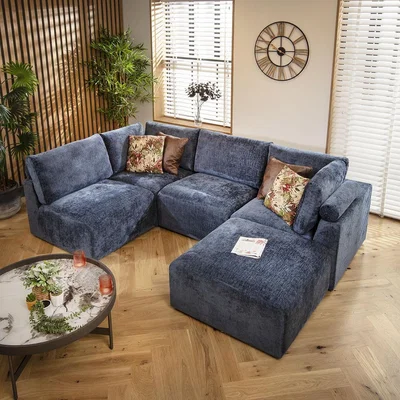 Quatropi Martha 4 Seater Corner Sofa Blue Chenille 266x176cm 3L
