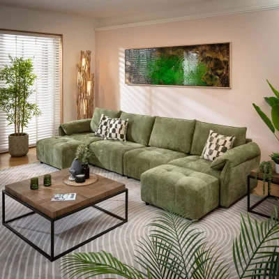 Quatropi Large Modern 4 Seater Modular Chaise Sofa Settee Olive Green Fabric 323x138cm 7