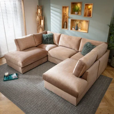 Quatropi Large Modern U-Shape Corner Sofa Settee Clay Beige Neutral Fabric 335cm x 220cm