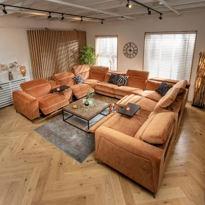 Quatropi Large 8 Seater Recliner U-Shape Corner Sofa & Storage Console Orange 408x342cm