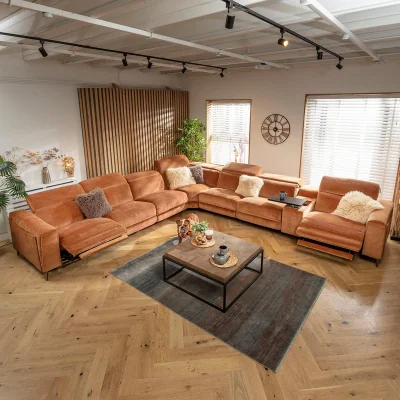 Quatropi Large 7 Seater Recliner L-Shape Corner Sofa & Storage Console Orange 424x391cm