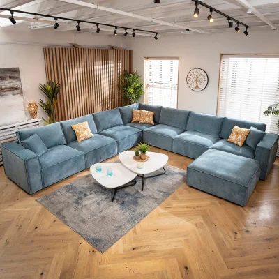 Quatropi Designer L-Shape Corner Sofa 7 Seater Modular Settee Aqua Blue Fabric 386x386cm 17