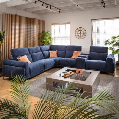 Quatropi Large Recliner L-Shape Corner Sofa Bluetooth Sound System Cup Holders Storage Dark Blue 340x300cm