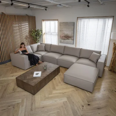 Quatropi Modern Beige Leather Corner Sofa 5 Seater Modular Settee 374x208cm