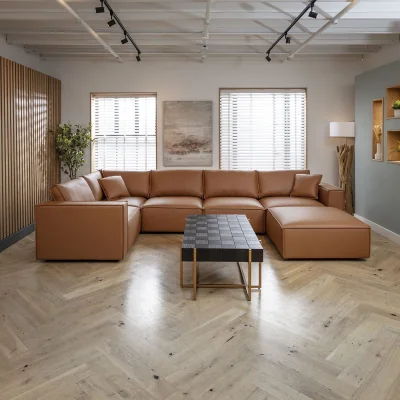 Quatropi Modern Tan Leather Corner Sofa 5 Seater Modular Settee 374x208cm